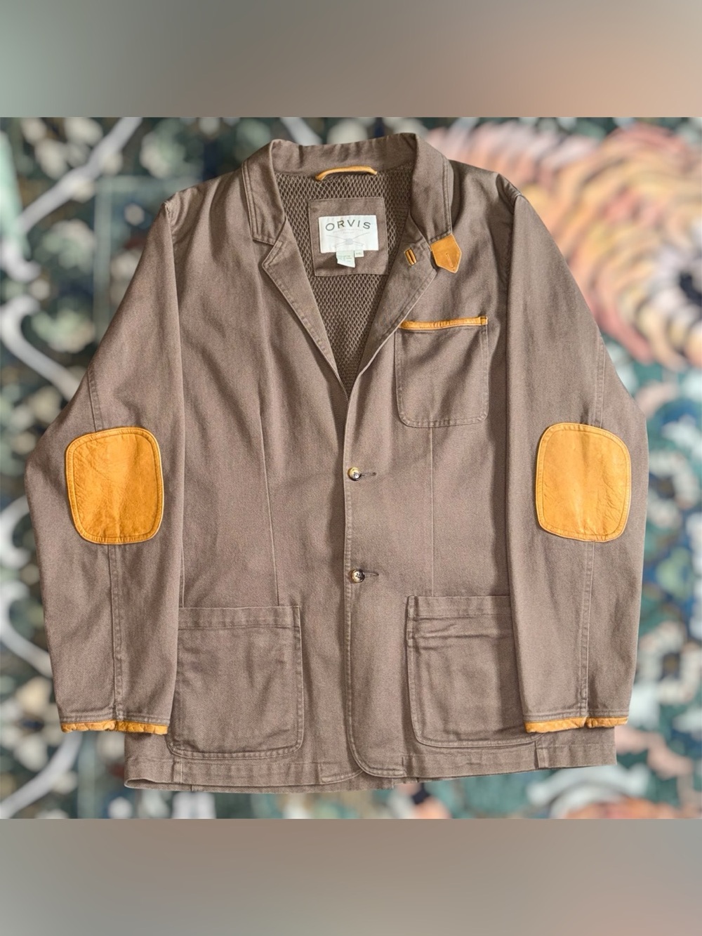 Orvis Zambezi Jacket Safari Leather Trim Chore Utility Coat Canvas Beige 44L